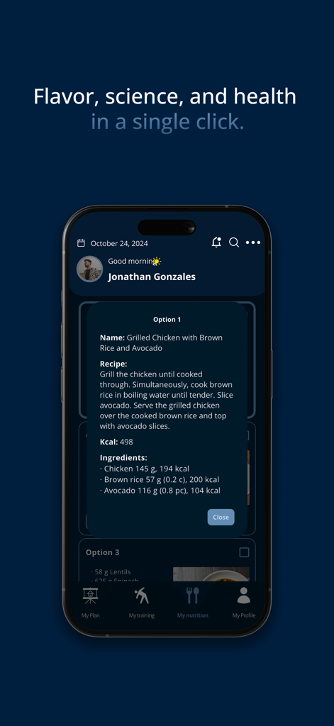 Now Me App En - Now Me App En interface showing a personalized meal plan for Grilled Chicken with Brown Rice and Avocado including recipe and calories