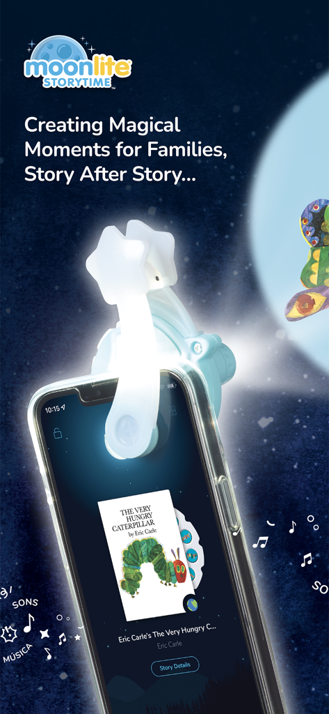 Moonlite - Storytime Projector - Moonlite projector attachment on a smartphone displaying a children storybook app