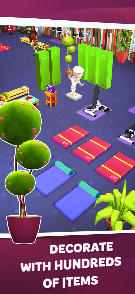 Una vista 3D de un gimnasio en Dream Gym que muestra taquillas verdes, esterillas de yoga y plantas decorativas.