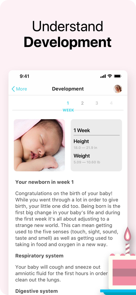 A mobile screen from the Baby Plus app showing newborn development information and growth tracking for week one