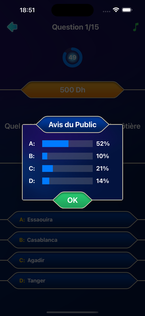 各選択肢のパーセンテージ結果が表示された聴衆に尋ねるライフラインが表示されたMaroc Quizアプリのスクリーンショット。
