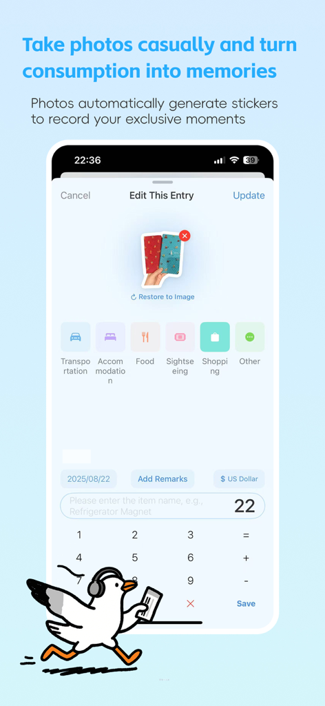 Tripledger: Sticker Trip Diary - Mobile screen of Tripledger app showing an AI sticker created from a photo for a travel expense log with category icons and a number pad.