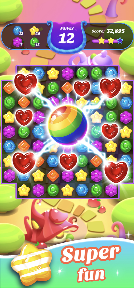 Gummy Candy Blast！Match 3 Game - A vibrant Match 3 puzzle board from Gummy Candy Blast featuring a rainbow power up clearing heart candies