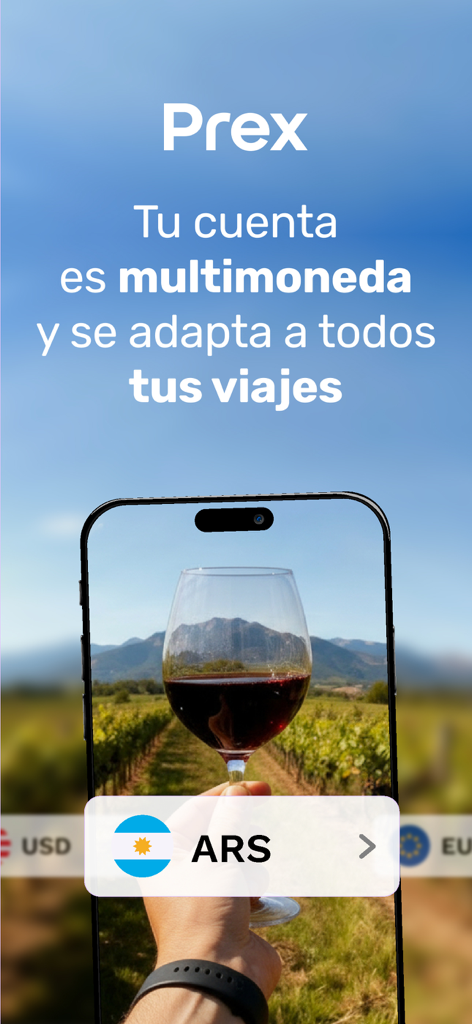 Interface de l'application Prex Chile pour les paiements de voyage multi-devises