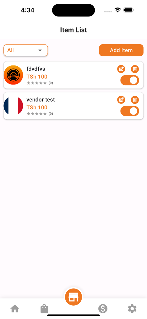 PolePoleFood Store - Screen showing the item list and add item option for merchants in the PolePoleFood app