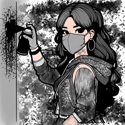 realistic girl with mask spray painting a wall