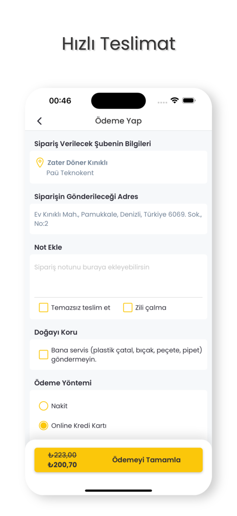 ZaterApp - ZaterApp checkout screen showing delivery address and payment options for a food order.