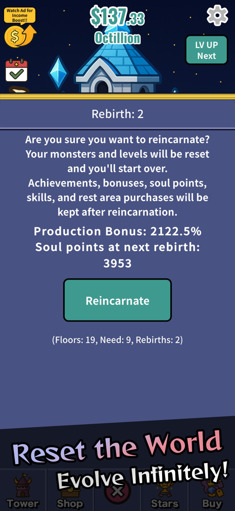 Idle Demon Tower: Monster RPG - Tela de renascimento em Idle Demon Tower mostrando detalhes de reencarnação e recompensas de pontos de alma.