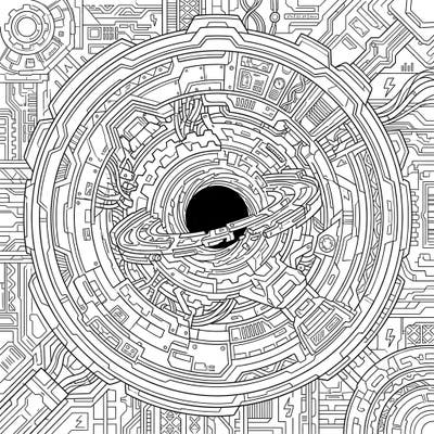 Unleash your creativity with this stunning Cyberpunk Ergosphere coloring page, blending cosmic phenomena with a high-tech aesthetic. Immerse yourself in a world of intricate wires, digital patterns, and futuristic structures waiting for your vibrant touch.