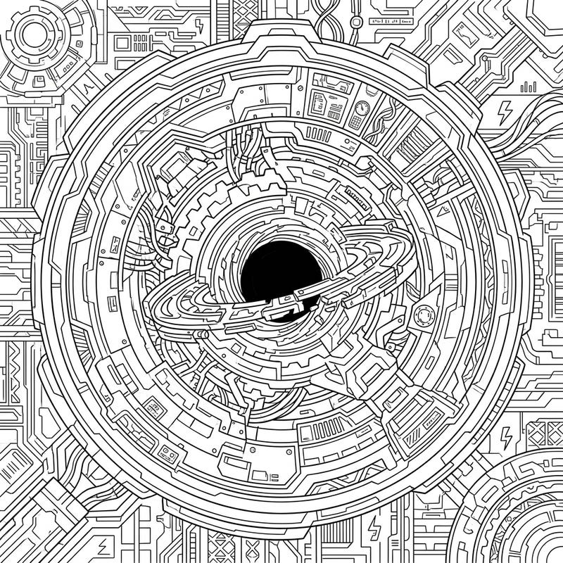 Unleash your creativity with this stunning Cyberpunk Ergosphere coloring page, blending cosmic phenomena with a high-tech aesthetic. Immerse yourself in a world of intricate wires, digital patterns, and futuristic structures waiting for your vibrant touch.