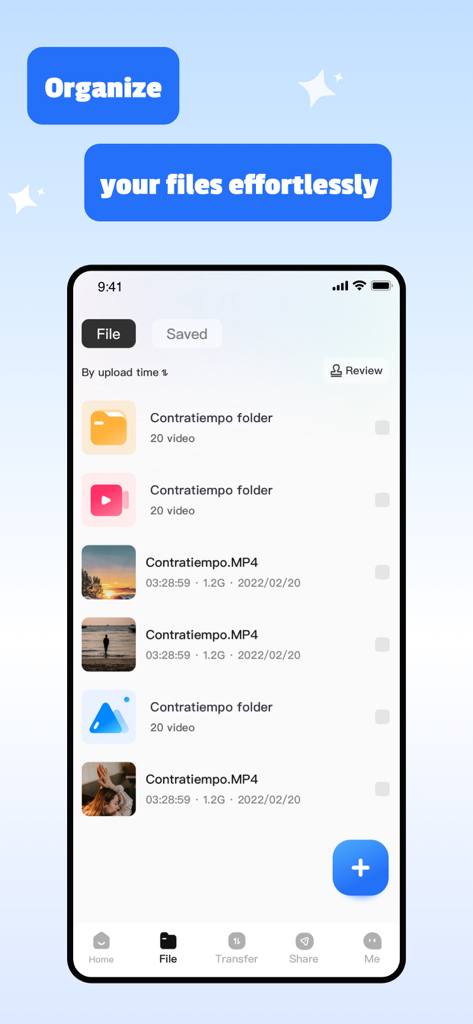 Maxbox - Interface do aplicativo Maxbox mostrando pastas de vídeo organizadas e arquivos em uma lista minimalista ordenada por tempo de upload.