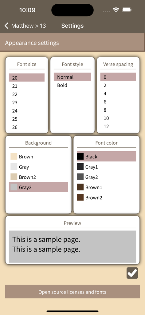Seed Bible English Japanese - Appearance settings menu in Seed Bible app for adjusting font size and background colors to reduce eye strain.