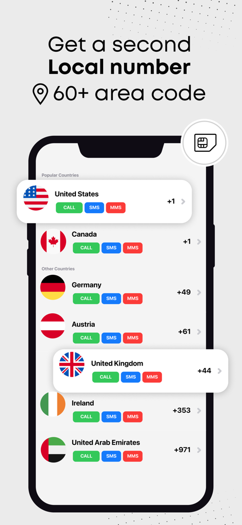 Second Phone Number DoCall 2nd - Interface mostrando a seleção de países para um segundo número de telefone no aplicativo DoCall