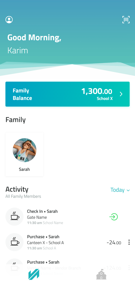 A dashboard of the Spare app showing family balance and real-time school activity updates for a child