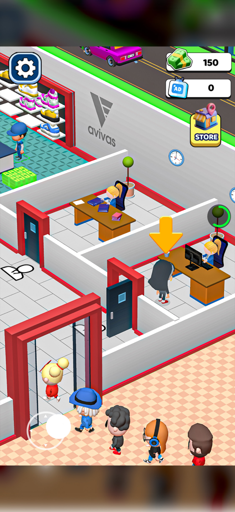 Fashion Outlet Rush Store - In-game view of Fashion Outlet Rush Store showing office staff and customers lining up in a retail outlet.