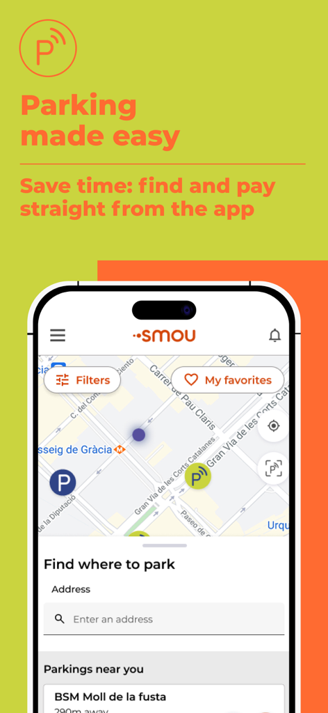 Smartphone screen displaying the SMOU app's parking search feature with a map of Barcelona showing available parking spots.