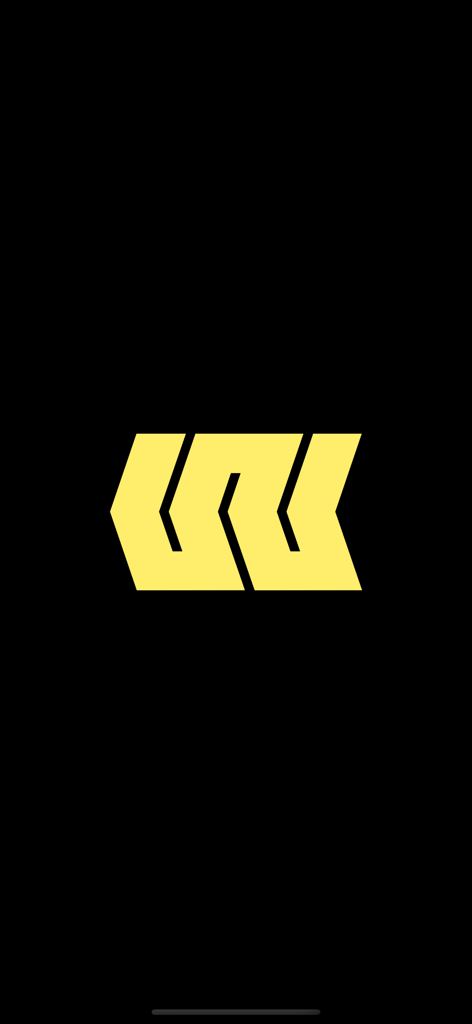 West Bouldering - Tela inicial do aplicativo West Bouldering mostrando o logotipo geométrico amarelo em um fundo preto