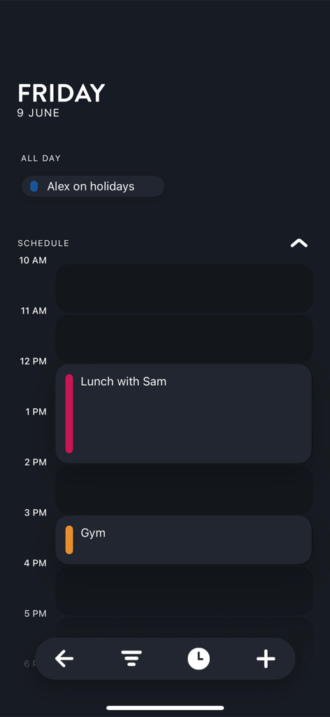 Minimalistische Tagesplanansicht in der Timepage-Kalender-App mit Terminen wie Mittagessen und Fitnessstudio im Dunkelmodus