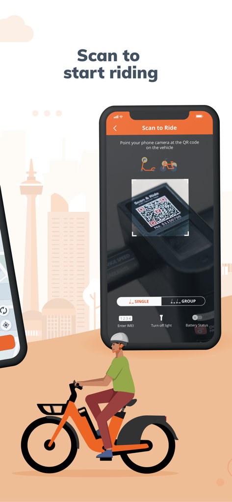 Neuron E-scooters and E-bikes - A smartphone scanning a QR code on a Neuron e-bike to start a ride