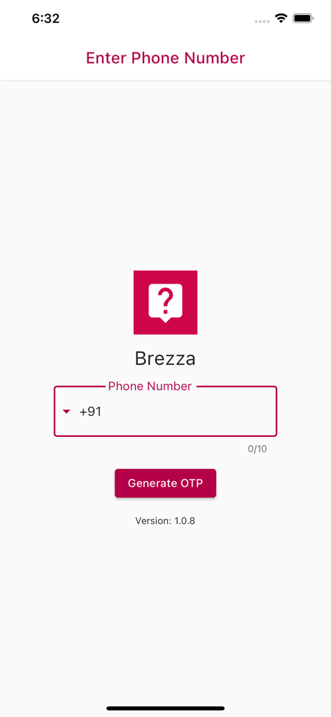 Brezza - Brezza mobile app login screen featuring a phone number input field and a generate OTP button