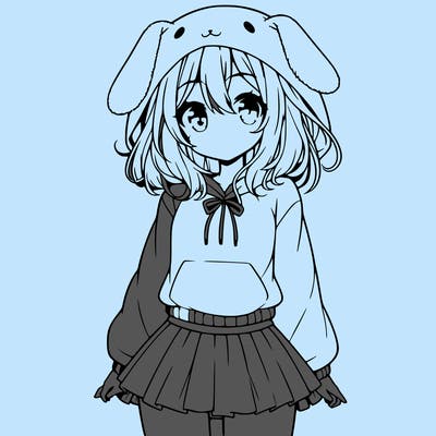 pretty anime girl wearing a fluffy hoodie with bunny ears on the hood and a skirt