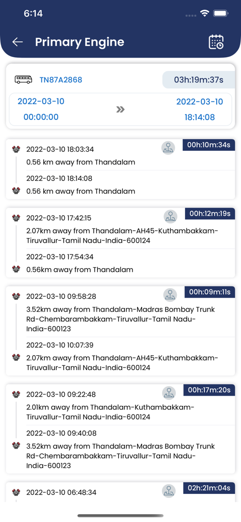 GPSVTS Pro - Hauptaktivitätsprotokoll des Motors von GPSVTS Pro mit Fahrtenhistorie und Zeitstempeln des Fahrzeugs