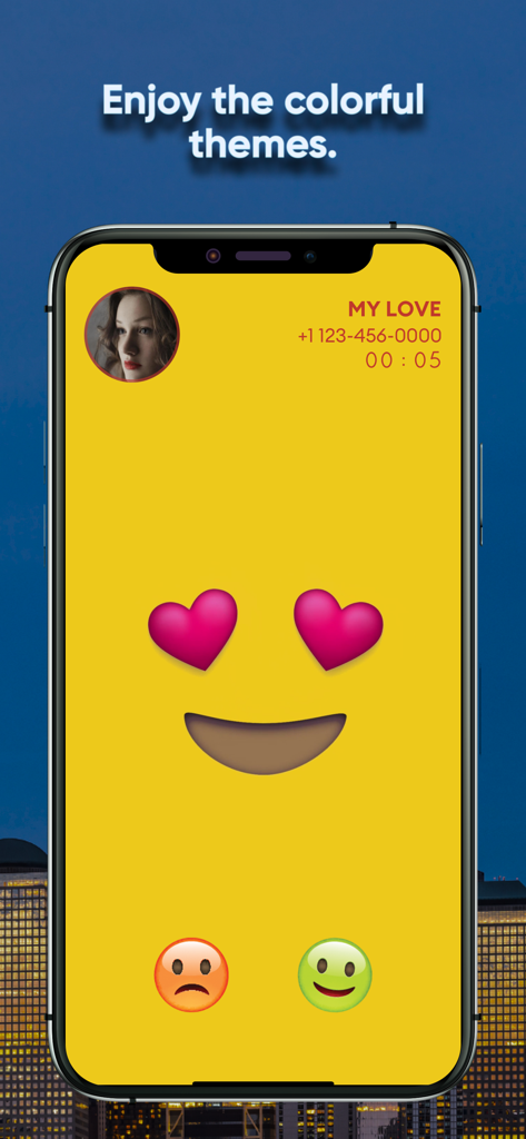 NewCall - Flash Call & SMS - A customized yellow call screen with heart eyes emoji and caller info