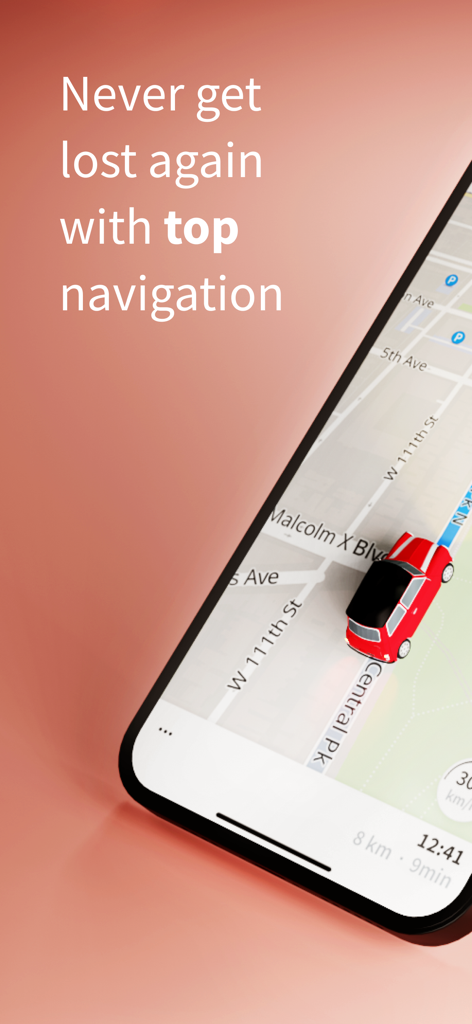 Karta GPS - Offline Maps Nav - Karta GPS App-Interface mit einem roten 3D-Auto-Symbol, das durch Stadtstraßen auf einer Karte navigiert