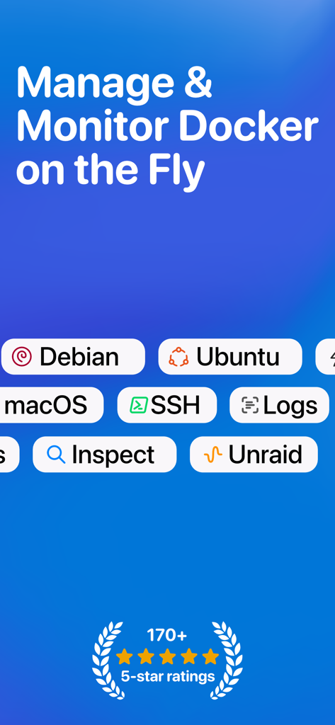 WhaleDeckのプロモーショングラフィック。Debian、Ubuntu、macOSを含むプラットフォーム全体でのDocker管理機能と5つ星評価を表示。
