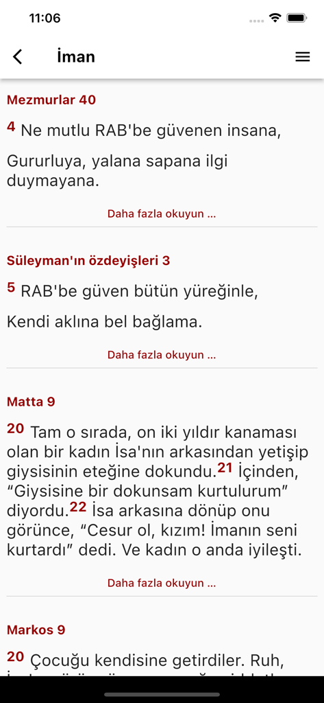 A screen from the Kutsalkitap app showing Turkish Bible verses about faith from Psalms Proverbs and the Gospels