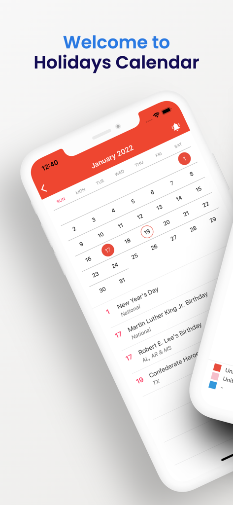 Malaysia Holidays 2026 - マレーシアの祝日 2026 アプリのモバイルインターフェイスで、公共および州の祝日のリストが表示された月次カレンダーを表示