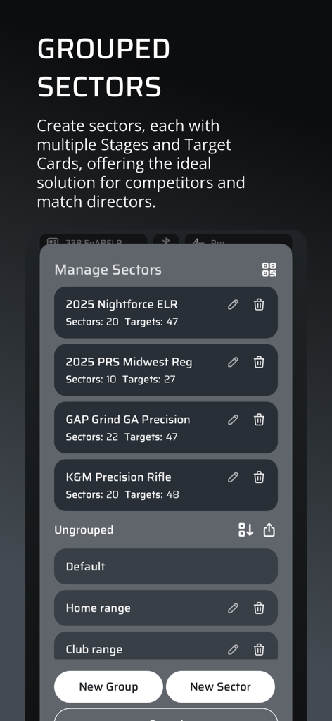 AB Quantum - AB Quantum app interface for managing grouped sectors and shooting match stages