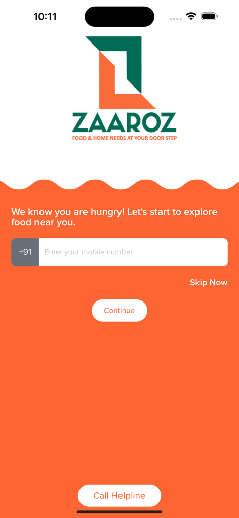 Zaaroz Food Ordering App - Écran de connexion de l'application de commande de nourriture Zaaroz avec saisie du numéro de mobile et fond orange