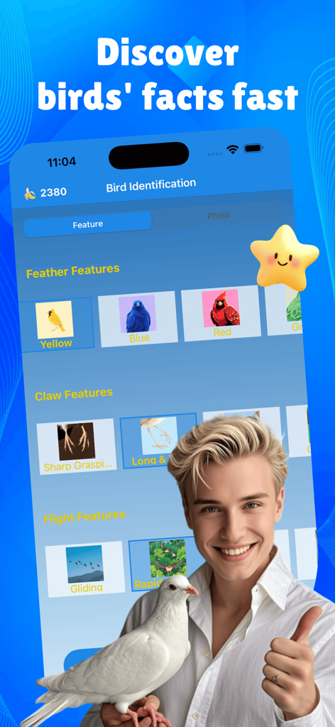 Wezzy - Wezzyアプリの鳥の識別インターフェース。羽の色、爪の特徴、飛行パターンなどの選択肢を表示