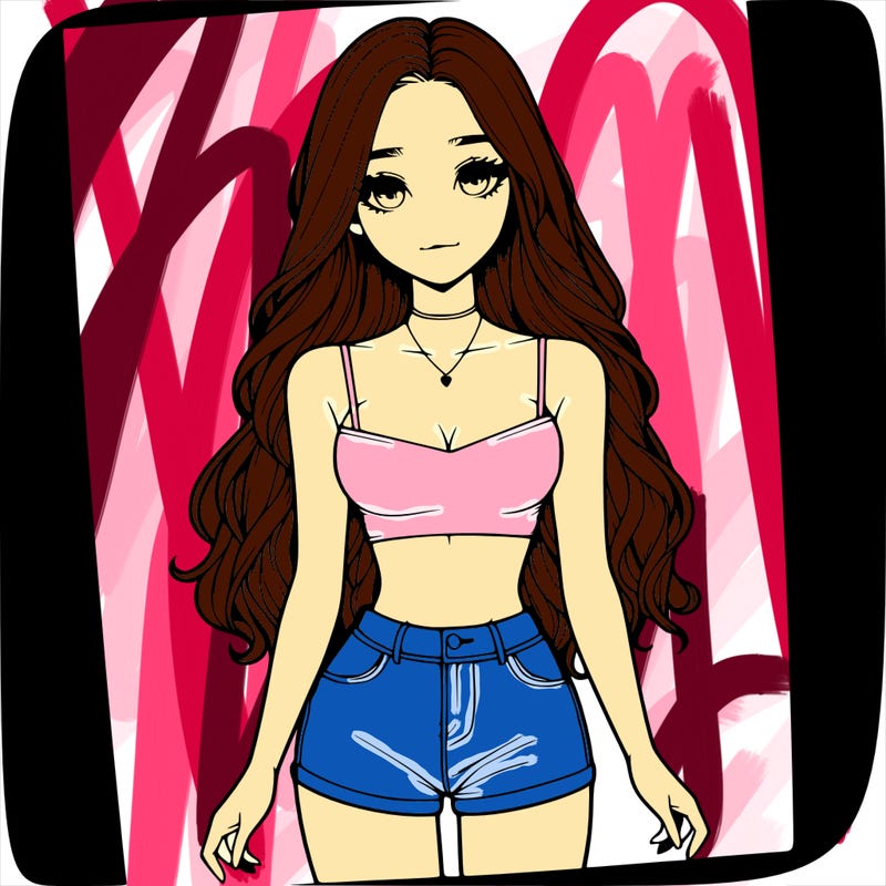 a realistic girl with long hair and in a crop top and shprts