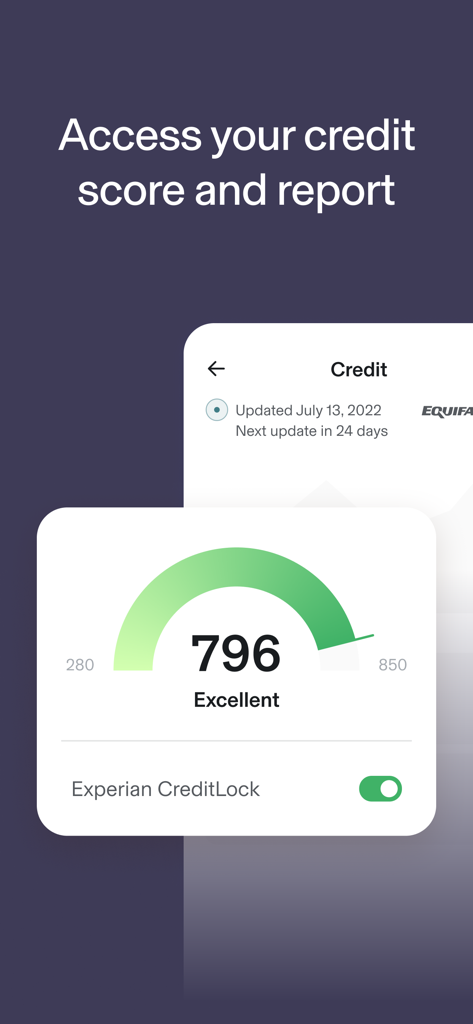 Identity Guard App-Bildschirm mit einer ausgezeichneten Kreditwürdigkeit von 796, wobei die Experian CreditLock-Funktion aktiviert ist