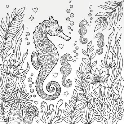 Immerse yourself in a whimsical spring underwater scene with elegant seahorses. This detailed coloring page features blooming aquatic flora and charming marine life, ready for your creative touch.