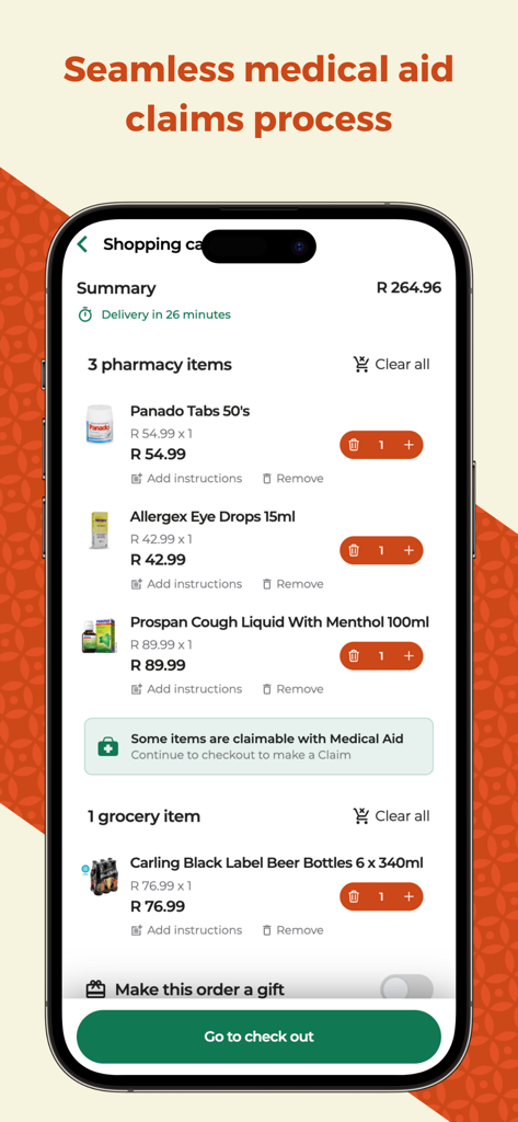 Zulzi app checkout screen showing pharmacy items and medical aid claim feature