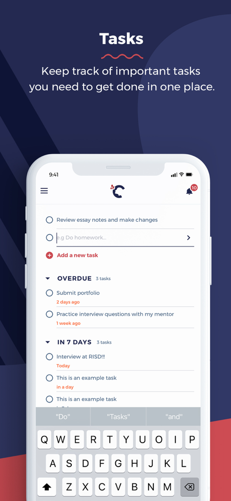 Crimson - Crimson app task list interface showing college application milestones like essay notes and interview practice