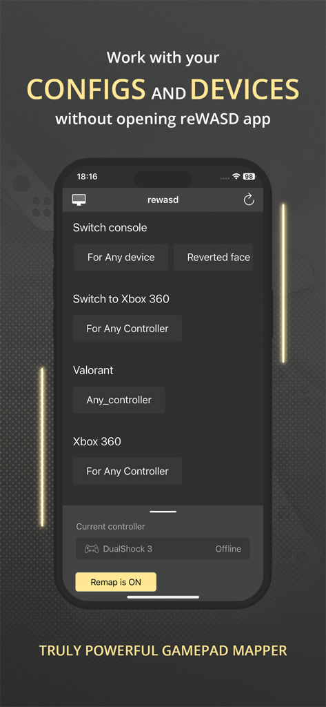 iPhone画面上のValorantとXbox 360のコントローラー設定を表示するreWASD Mobileアプリインターフェイス