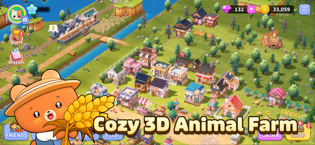 PokeFarm - Cozy farm Game - Gameplay of PokeFarm showing a cute bear character in a straw hat holding wheat in front of a 3D farm village