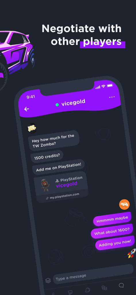 Chat interface in the RL Garage app showing two players negotiating a trade for Rocket League items