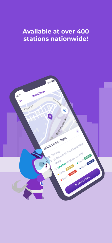 PriceLOCQ - PriceLOCQ mobile app interface showing SEAOIL gas station details and location map