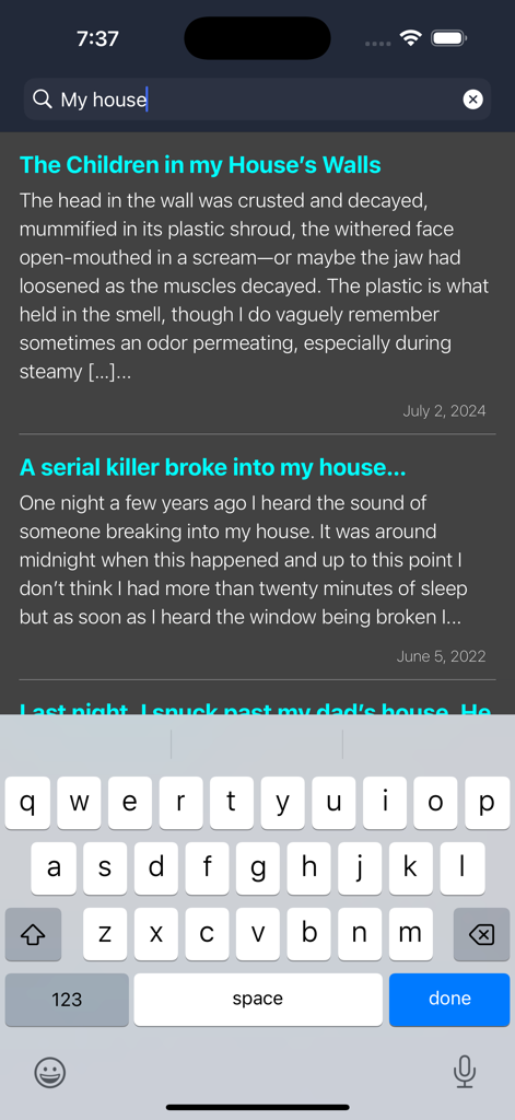 Creepypasta Stories - Search screen of the Creepypasta Stories app showing horror story results in dark mode with an active mobile keyboard