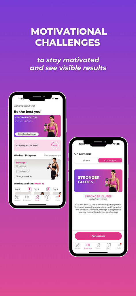 GetStronger: Fitness for Women - Capturas de pantalla de la aplicación GetStronger que resaltan desafíos motivacionales y seguimiento de entrenamiento personal para mujeres.