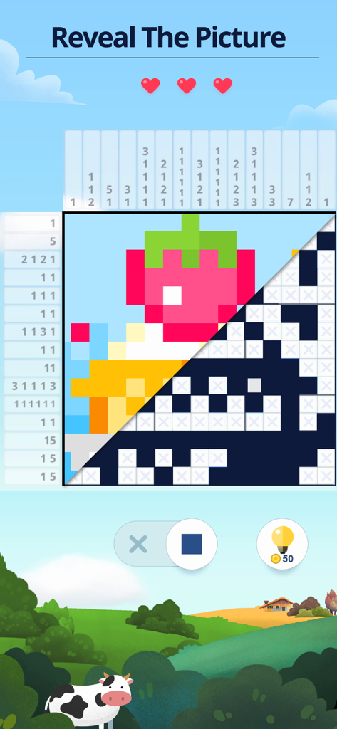 Nonogram: Picture Cross Sudoku - Ein Nonogramm-Logikrätselraster, das ein teilweise enthülltes, farbenfrohes Erdbeer-Pixelkunstbild zeigt.