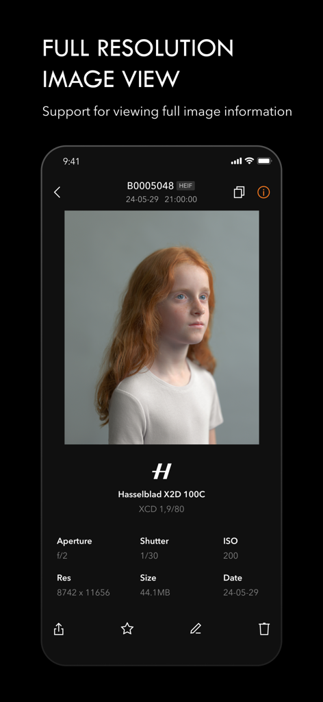 Full resolution image view in the Phocus Mobile 2 app displaying technical camera metadata for a high-quality portrait