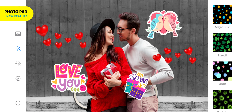 Drawing ▫ - Interface do aplicativo Drawing mostrando o recurso Photo Pad com uma foto de casal decorada com adesivos de amor coloridos e corações
