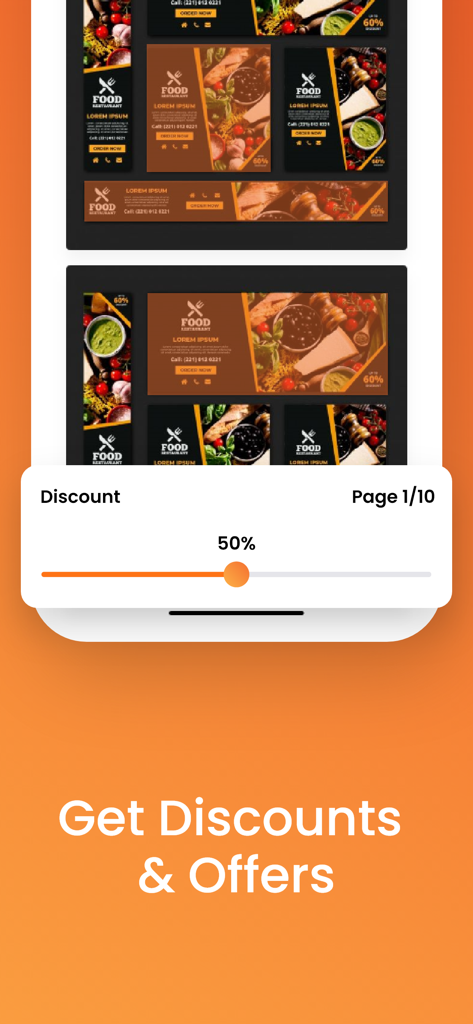 Slash Deals - Slash Deals app interface showing food promotions and a discount selection slider