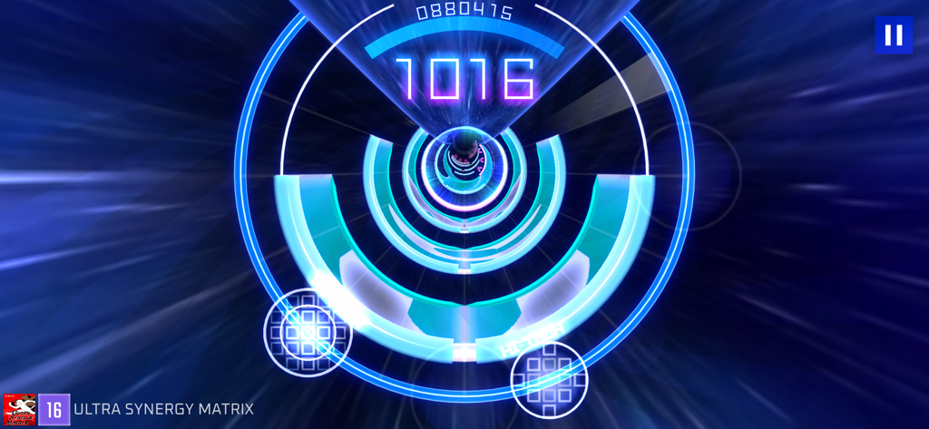 Jogo de ritmo mobile Liminality apresentando pistas de notas semicirculares e uma estética neon cibernética